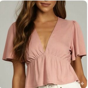 Lulus Top Majorly Cute Flutter Sleeve Crop Dusty Pink S Peplum Empire Waist Chic